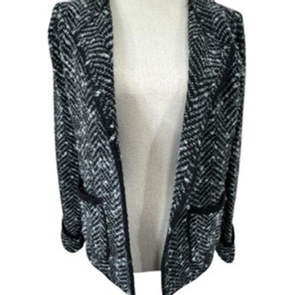 Cocogio Womens Black & White Open-Front Herringbone Sweater Cardigan